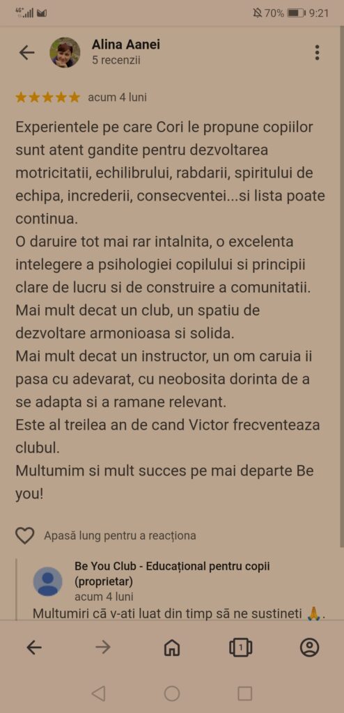 Recenzii Cori Be You club de dezvoltare personală pentru copii în Bucuresti Tineretului